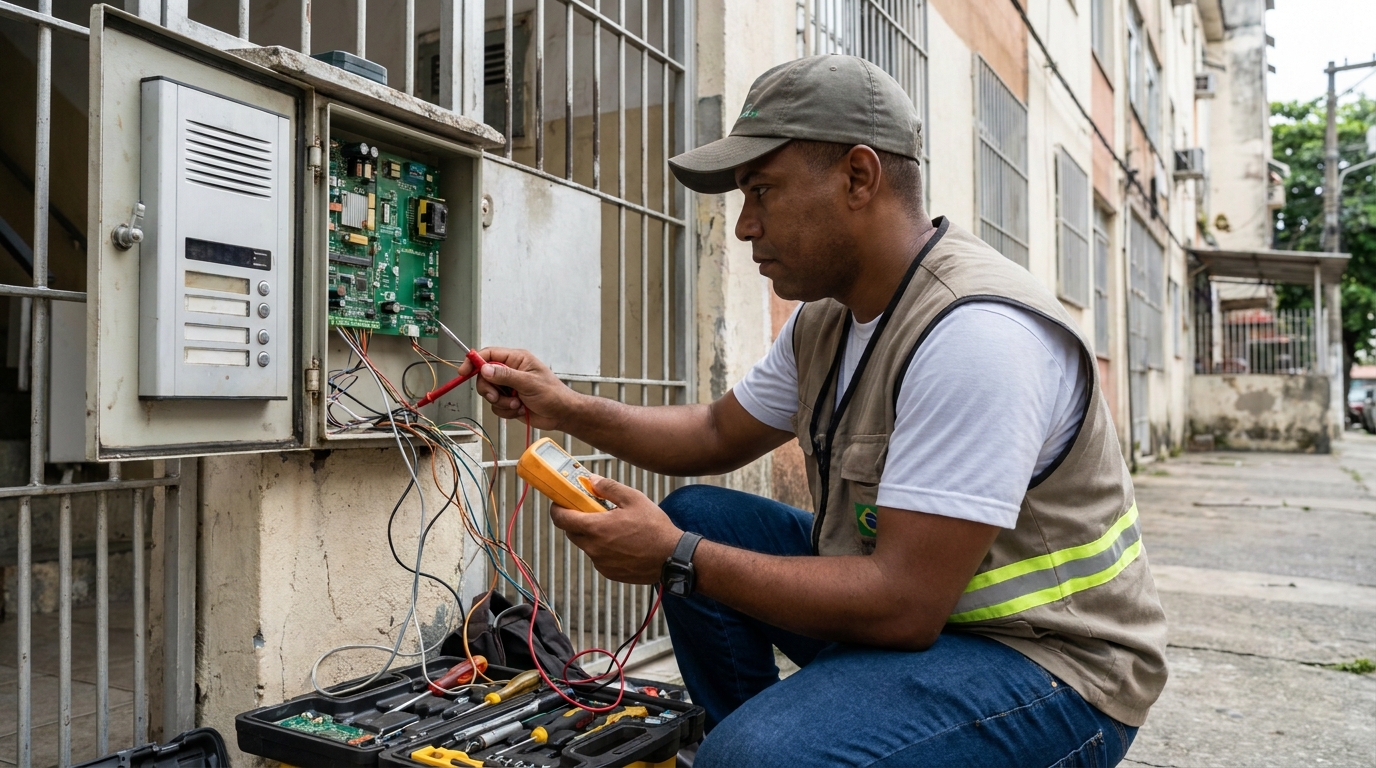 Eletricista consertando interfone em Cabo Frio‑RJ