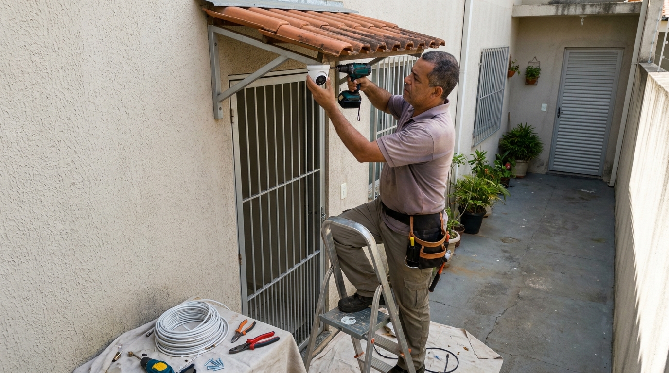 Eletricista instalando cameras de seguranca em Cabo Frio‑RJ