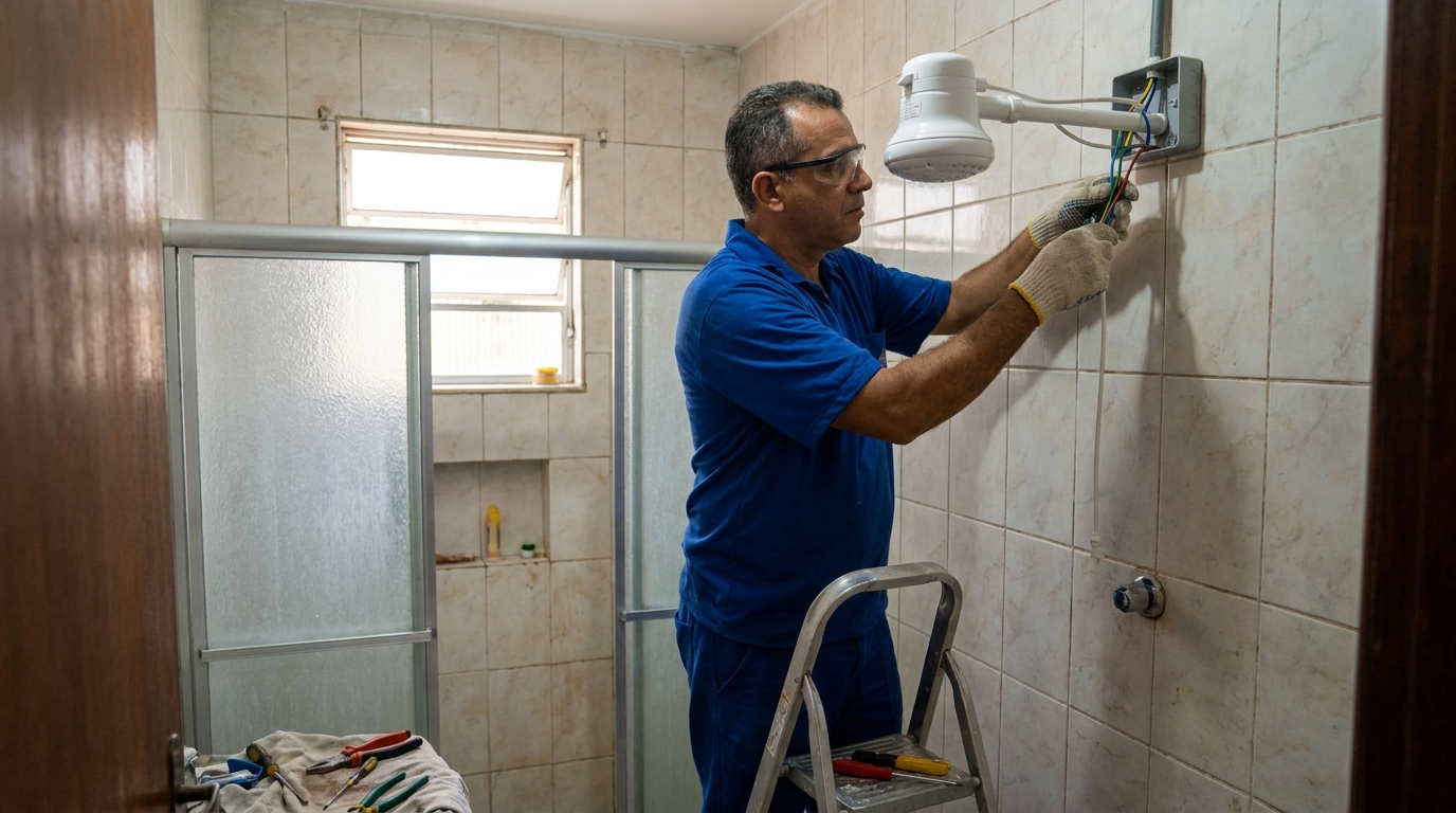 Eletricista instalando chuveiro eletrico em Cabo Frio‑RJ