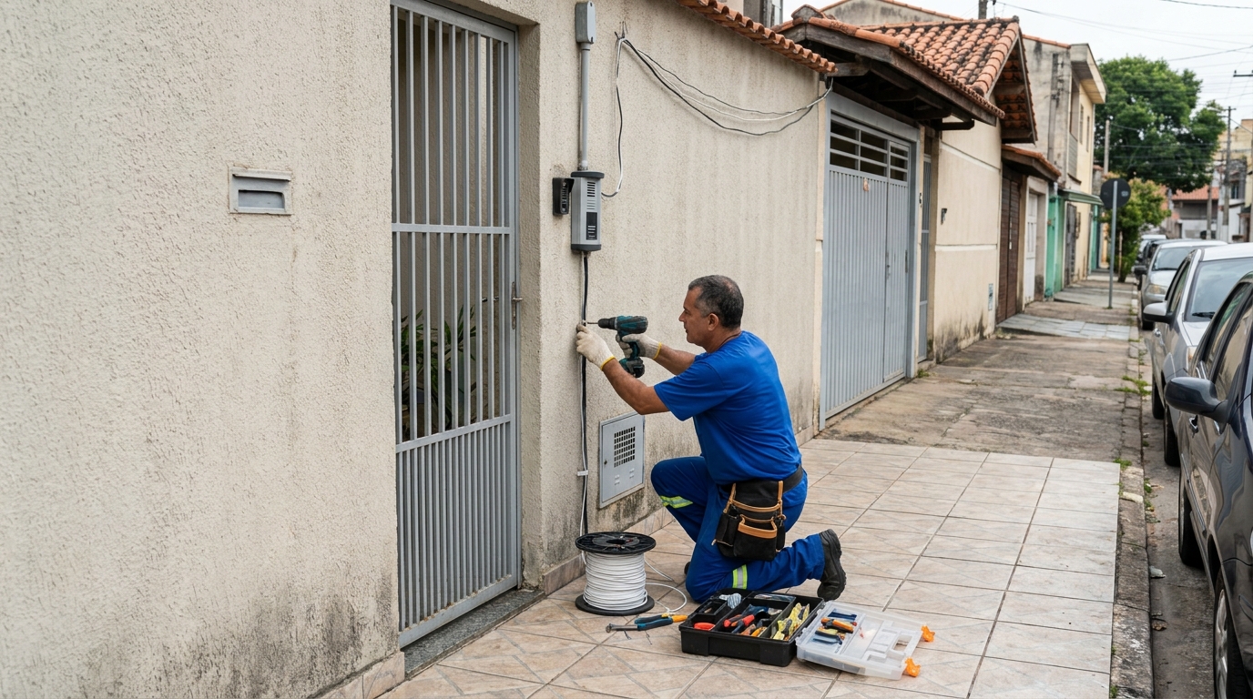 Eletricista instalando interfone em Cabo Frio‑RJ